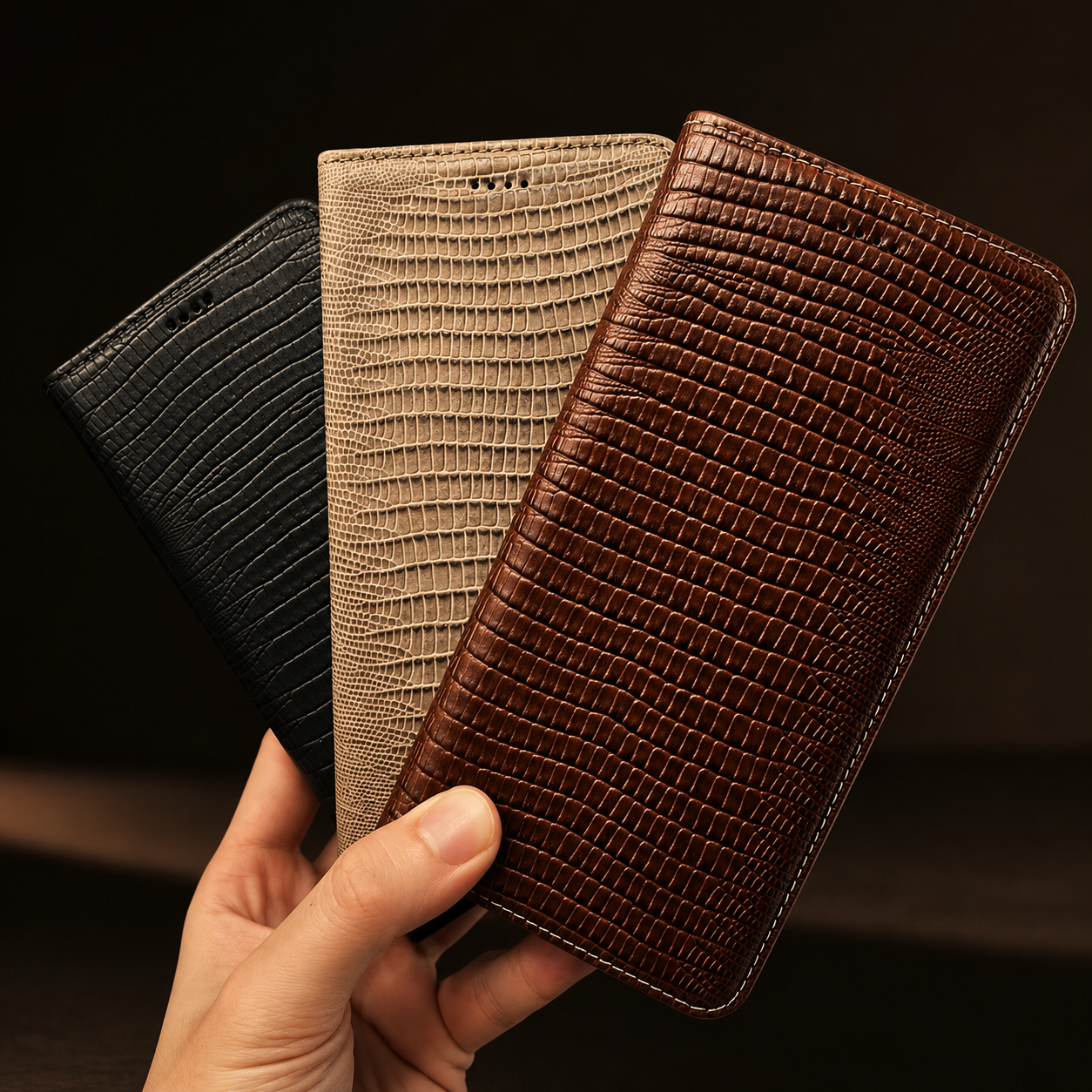 Premium iPhone Case Genuine Cowhide Leather Flip Cover Crocodile Grain Wallet Card Holder Magnetic Closure Shockproof Stand Function Business Style