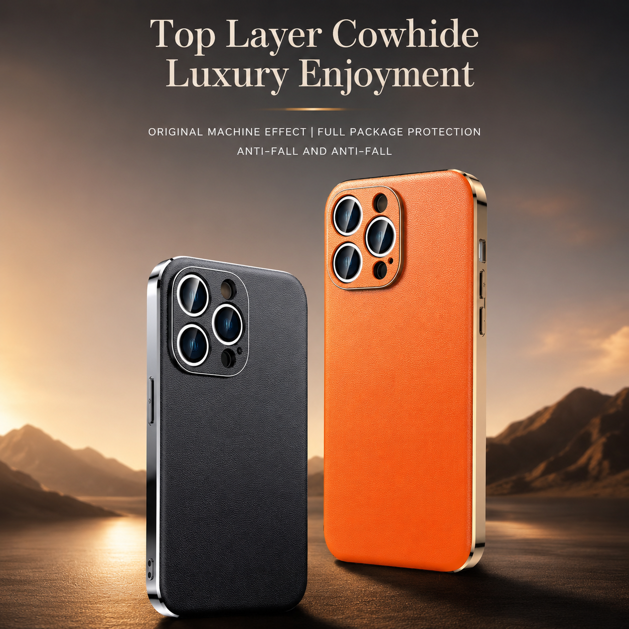 Premium iPhone Case Genuine Cowhide Leather Protective Cover Plating Frame Full Camera Lens Guard Shockproof TPU Edge Scratch Resistant Texture