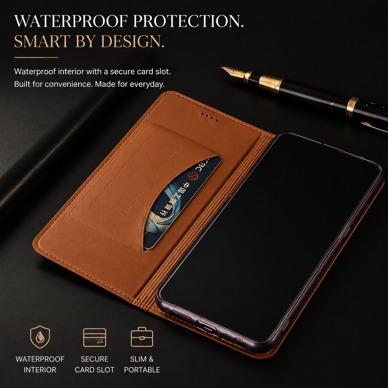 Premium iPhone Case Genuine Leather Flip Cover Card Holder Shockproof Non Slip Grip Full Protection Durable Protective Case Luxury Design Magnetic Closure