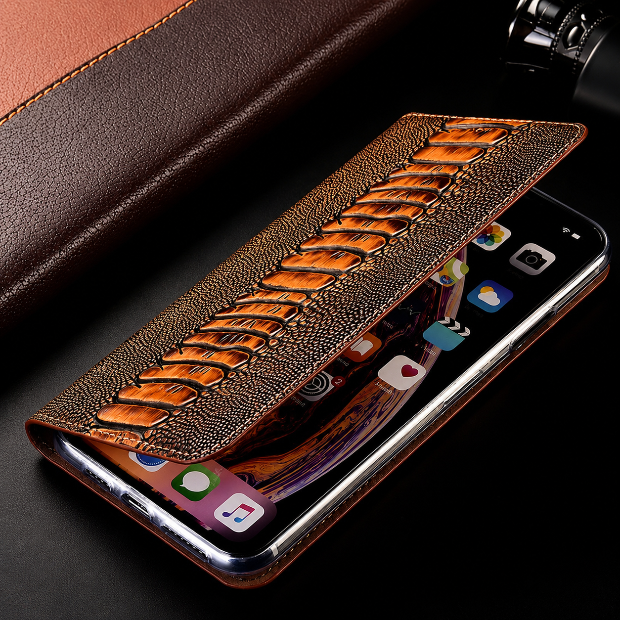Premium iPhone Case Genuine Leather Flip Wallet Cover Card Slots Camera Lens Protection Magnetic Closure Shockproof Full Protection Slim Design