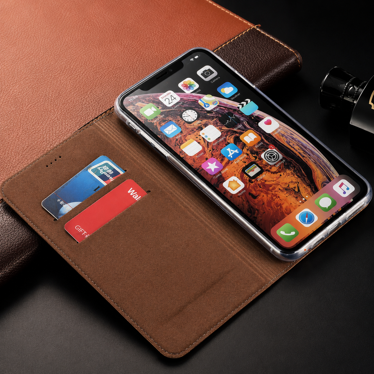 Premium iPhone Case Genuine Leather Flip Wallet Cover Card Slots Camera Lens Protection Magnetic Closure Shockproof Full Protection Slim Design