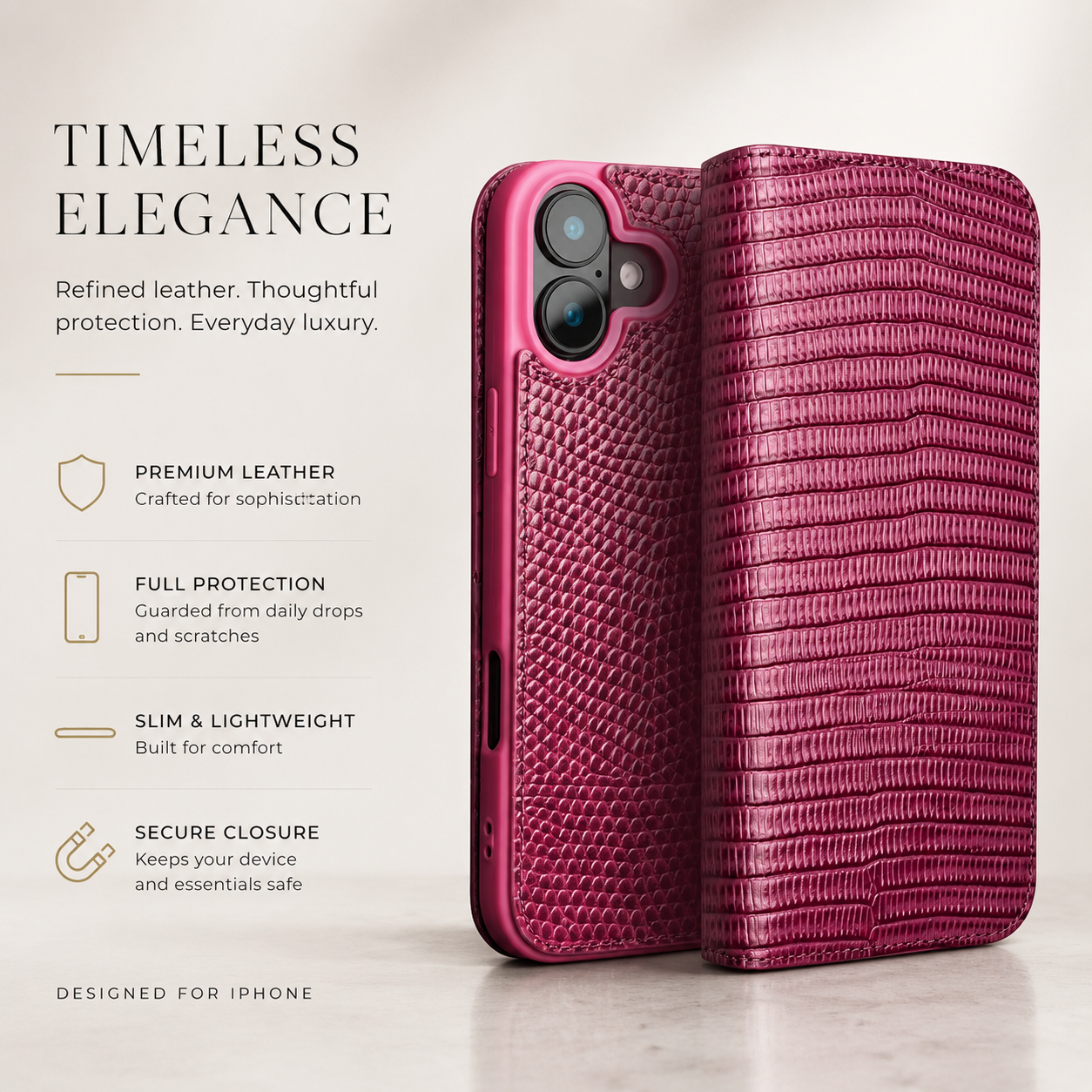Premium iPhone Case Genuine Leather Flip Wallet Cover Magnetic Closure Kickstand Holder Camera Lens Protection Secure Card Storage Full Body Design