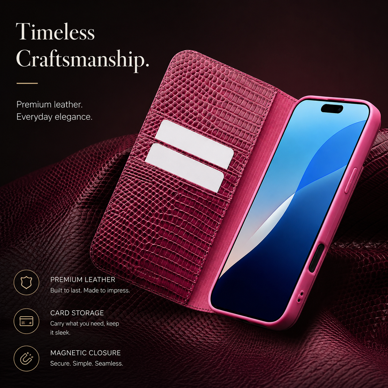 Premium iPhone Case Genuine Leather Flip Wallet Cover Magnetic Closure Kickstand Holder Camera Lens Protection Secure Card Storage Full Body Design