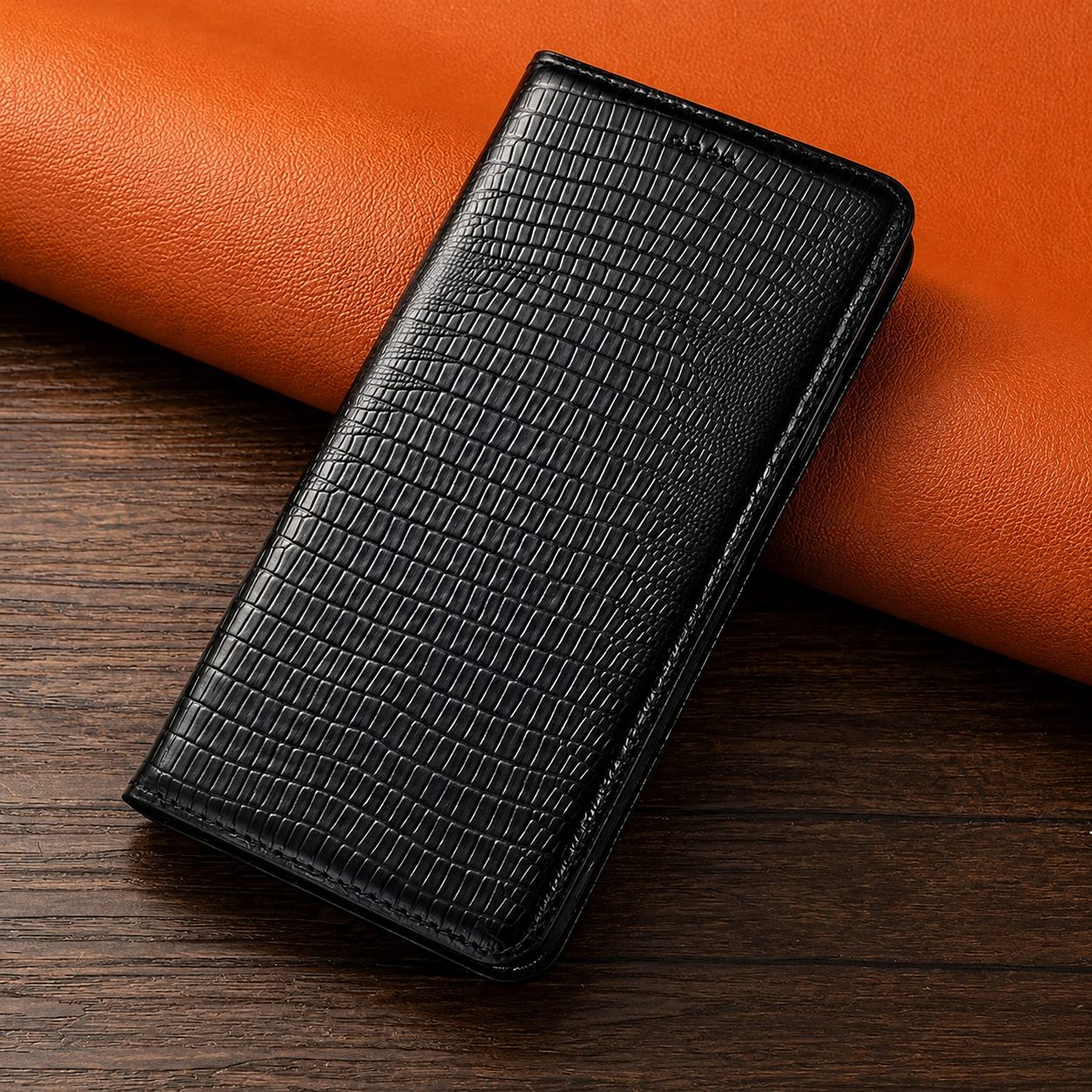 Premium iPhone Case Genuine Leather Flip Wallet Cover Magnetic Closure Kickstand Holder Camera Lens Protection Secure Card Storage Full Body Design