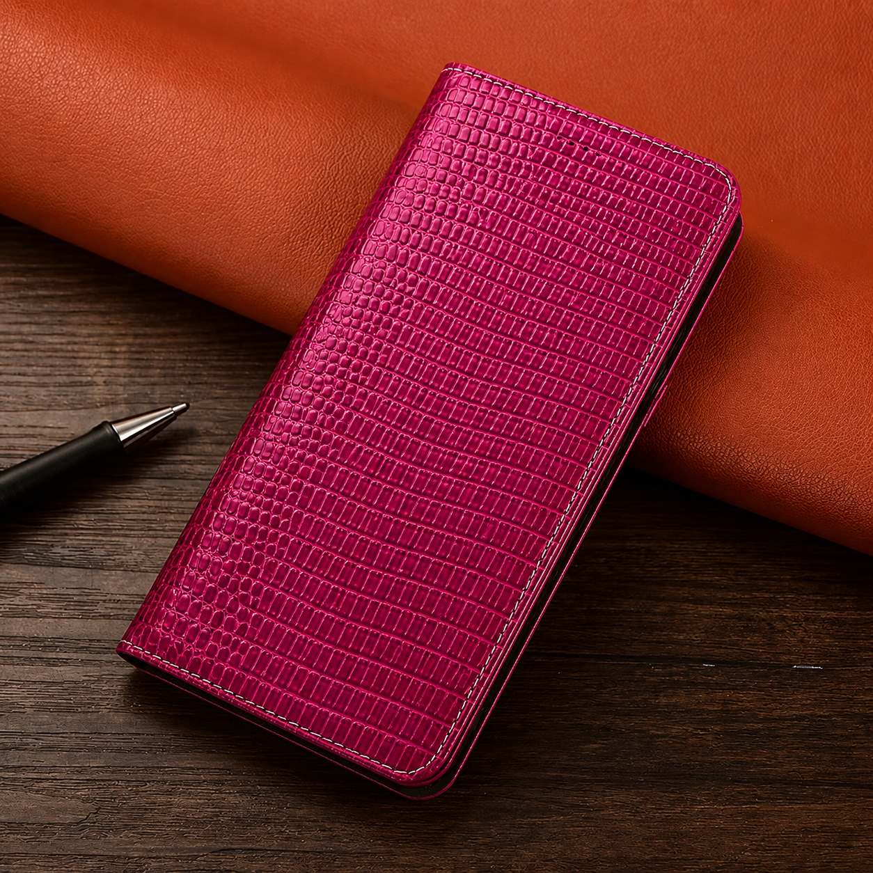 Premium iPhone Case Genuine Leather Flip Wallet Cover Magnetic Closure Kickstand Holder Camera Lens Protection Secure Card Storage Full Body Design