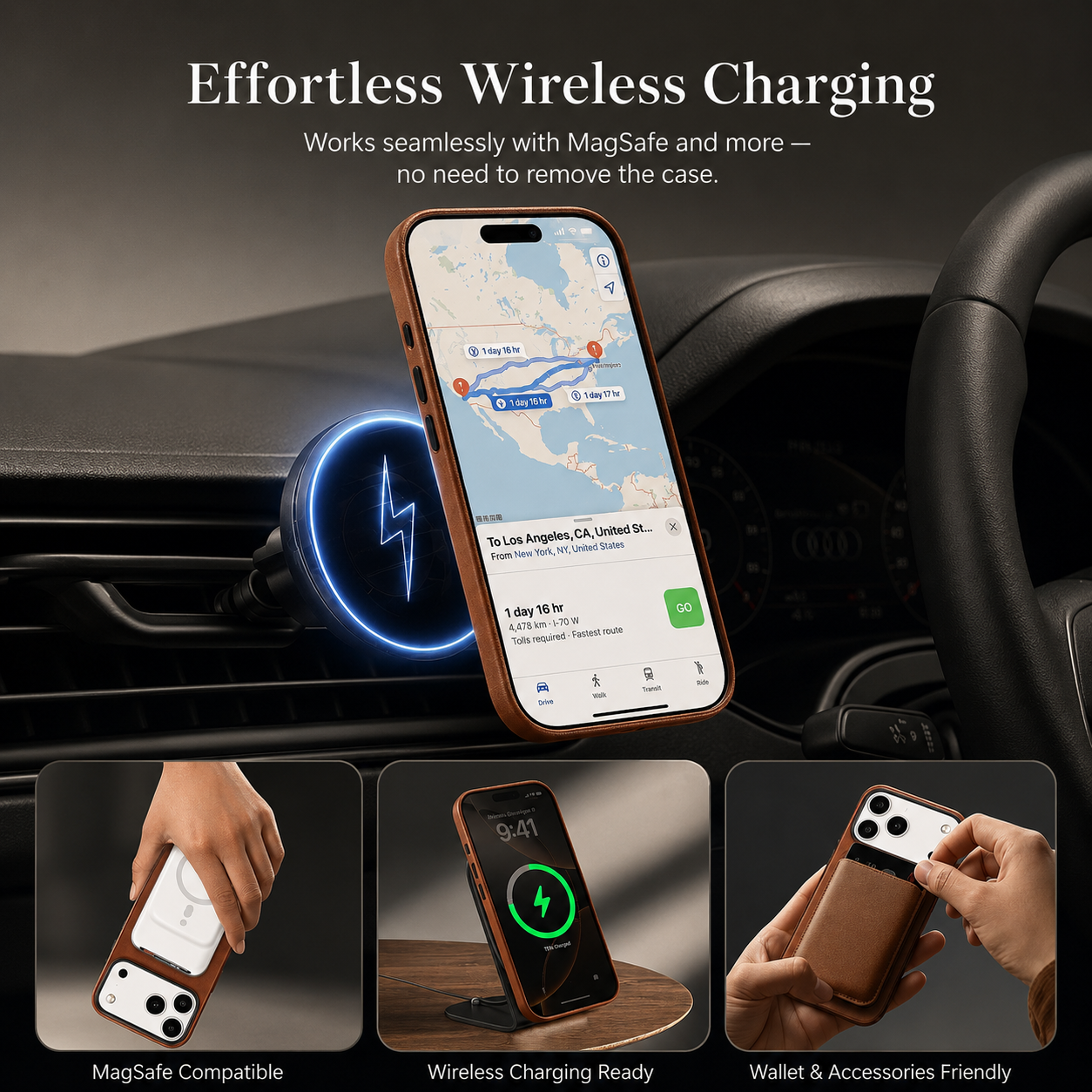 Premium iPhone Case Genuine Leather MagSafe Compatible Cover, Shockproof Full-Coverage Protection with Anti-Fingerprint Finish and Non-Slip Grip