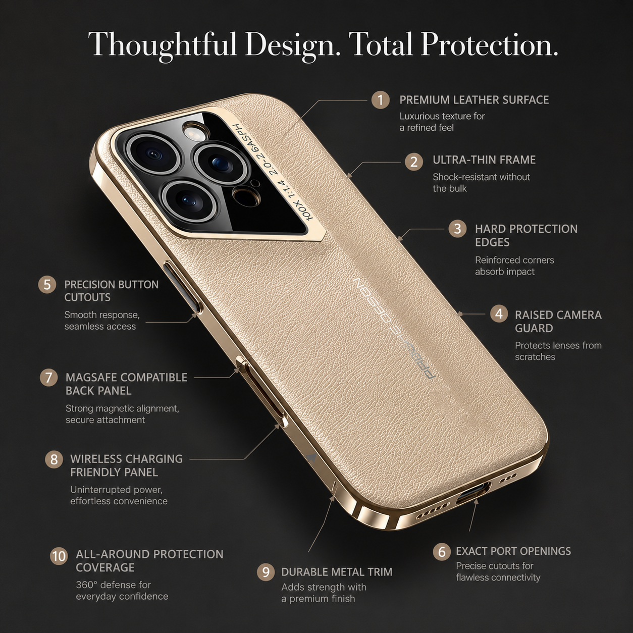Premium iPhone Case Genuine Leather Protective Cover Camera Lens Protection Shockproof Anti Slip Grip Hard Back Slim Design