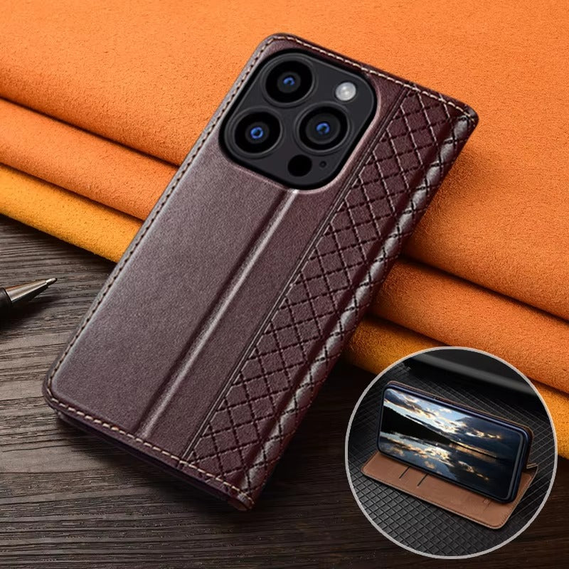 Premium iPhone Case Genuine Leather Wallet Cover Camera Lens Protection Magnetic Flip Kickstand Shockproof TPU Bumper Full Coverage Design