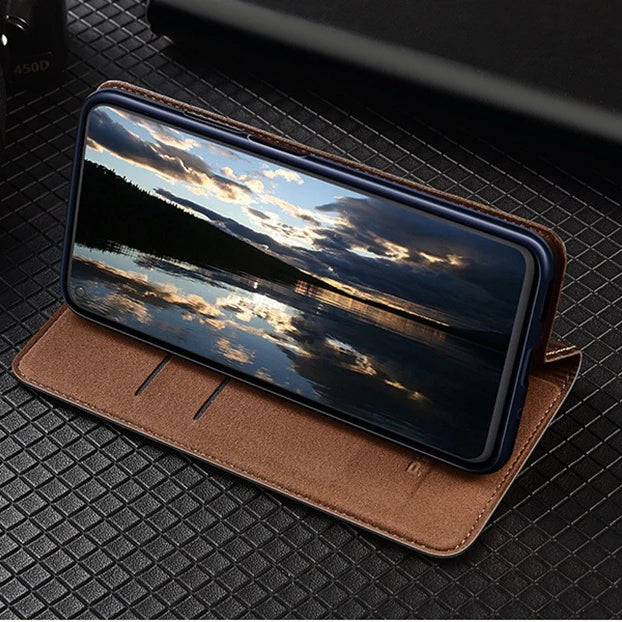 Premium iPhone Case Genuine Leather Wallet Cover Camera Lens Protection Magnetic Flip Kickstand Shockproof TPU Bumper Full Coverage Design