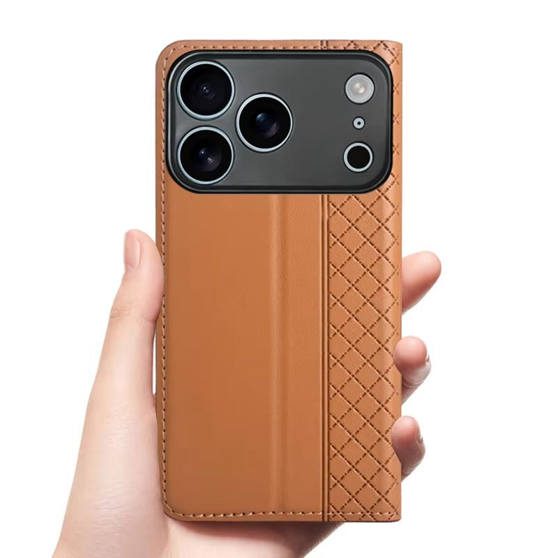 Premium iPhone Case Genuine Leather Wallet Cover Camera Lens Protection Magnetic Flip Kickstand Shockproof TPU Bumper Full Coverage Design