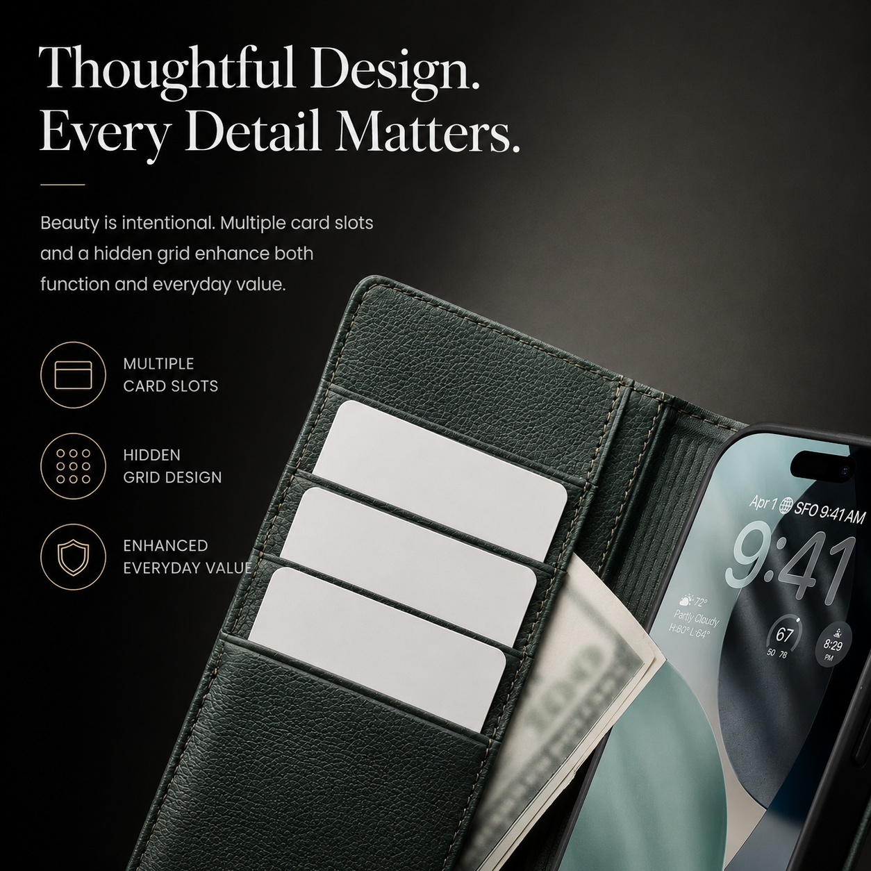 Premium iPhone Case Genuine Leather Wallet Cover Card Holder Flip Stand Protective Case Shockproof Ultra Slim Design Anti Fingerprint Everyday Carry