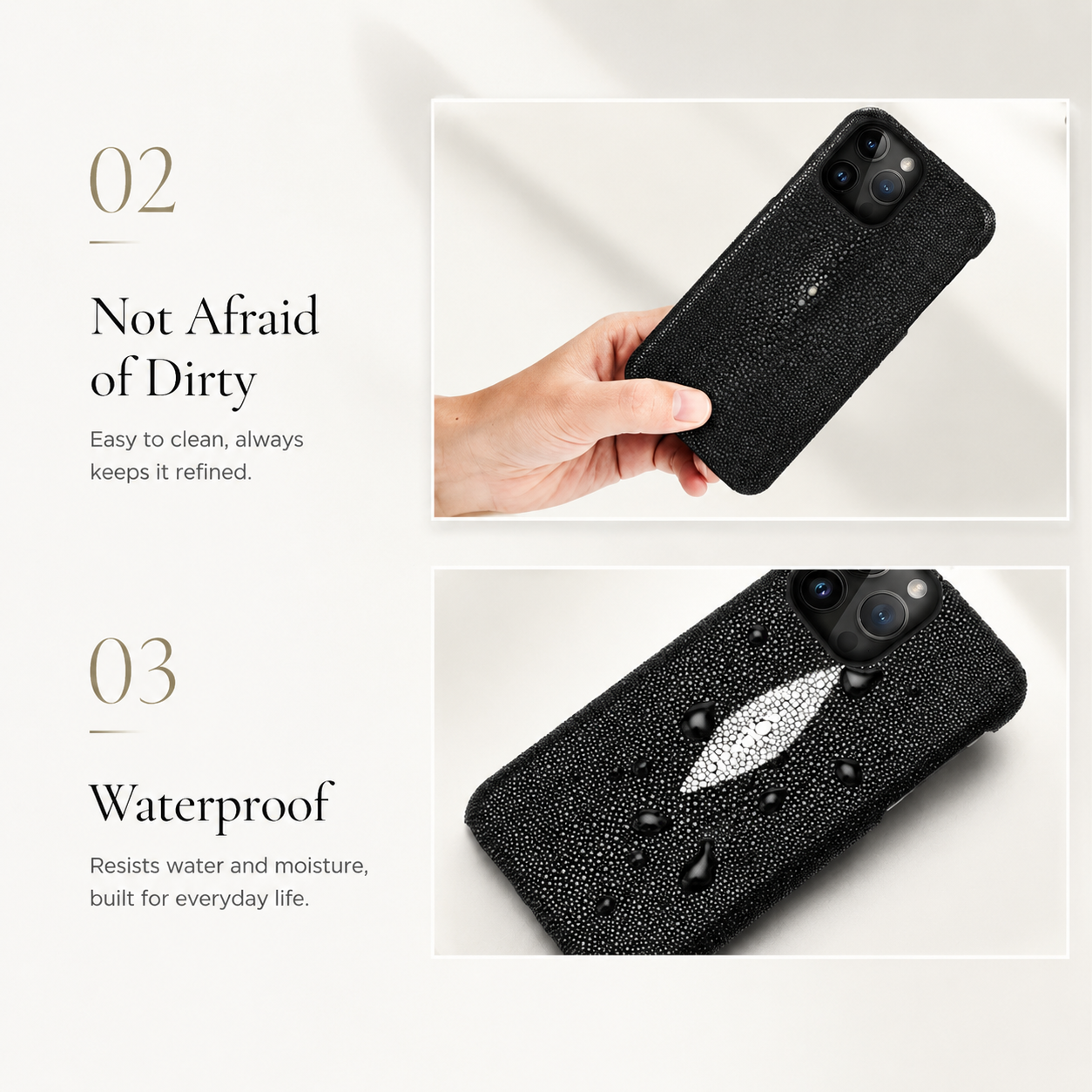 Premium iPhone Case Genuine Stingray Leather Cover with Camera Lens Protection, Shockproof Anti Scratch Design, Lightweight Half Wrapped Fit