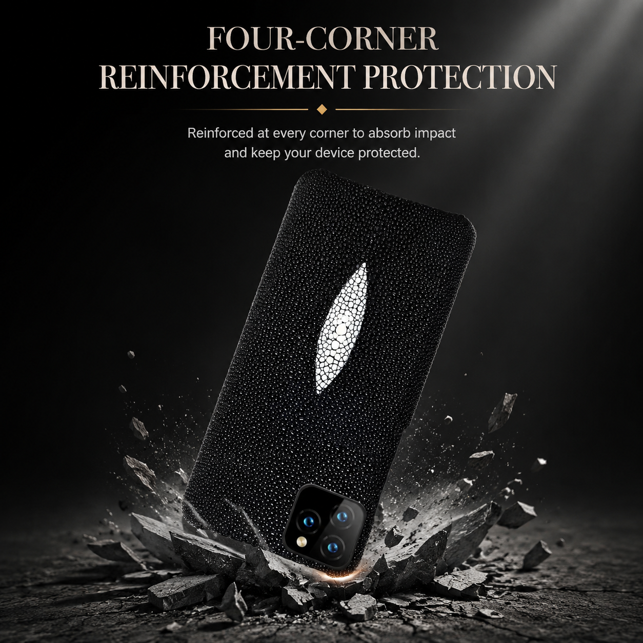 Premium iPhone Case Genuine Stingray Leather Cover with Camera Lens Protection, Shockproof Anti Scratch Design, Lightweight Half Wrapped Fit