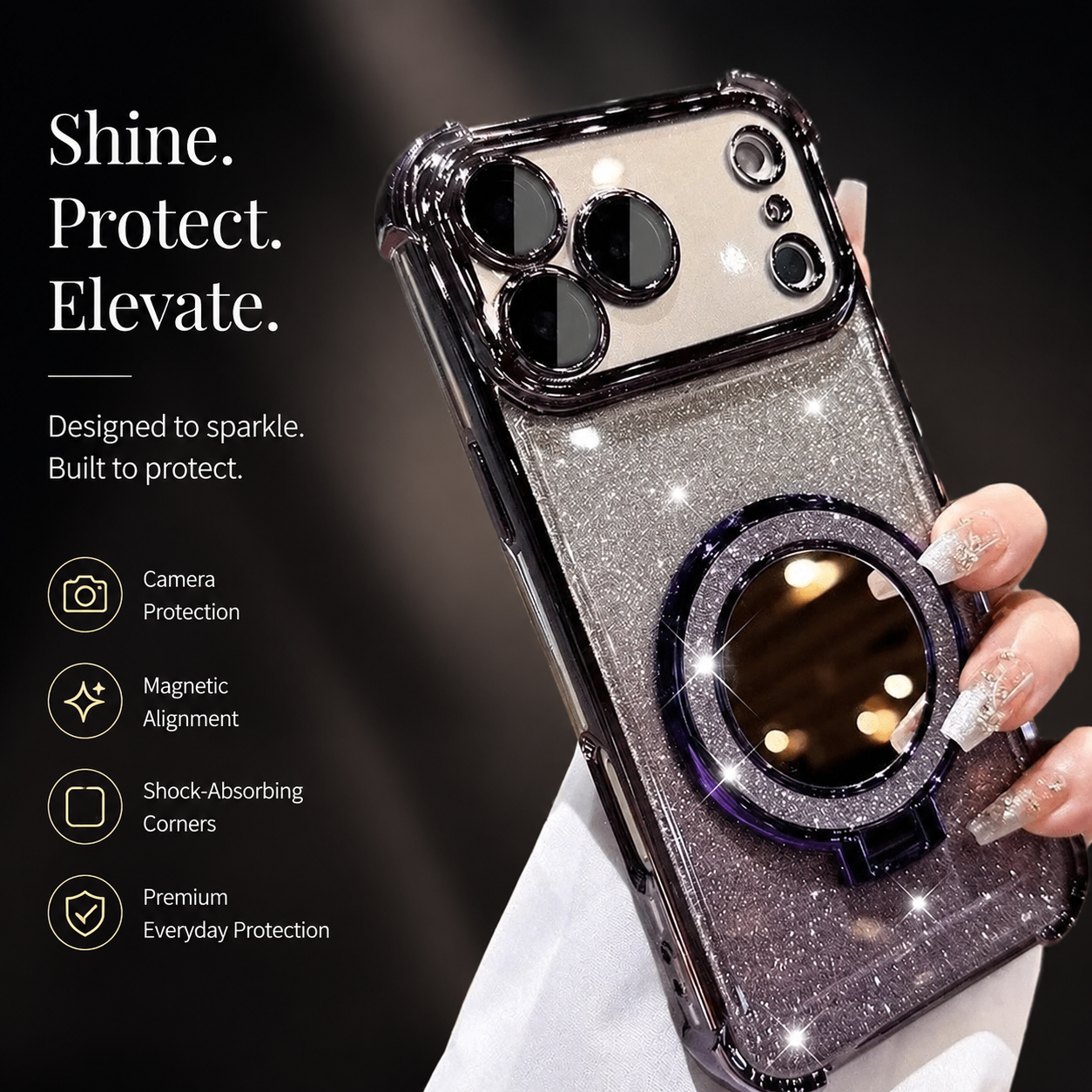 Premium iPhone Case Glitter Mirror Design with Magnetic Bracket, Shockproof Silicone Construction, Anti Scratch Dustproof Surface, Non Slip Grip