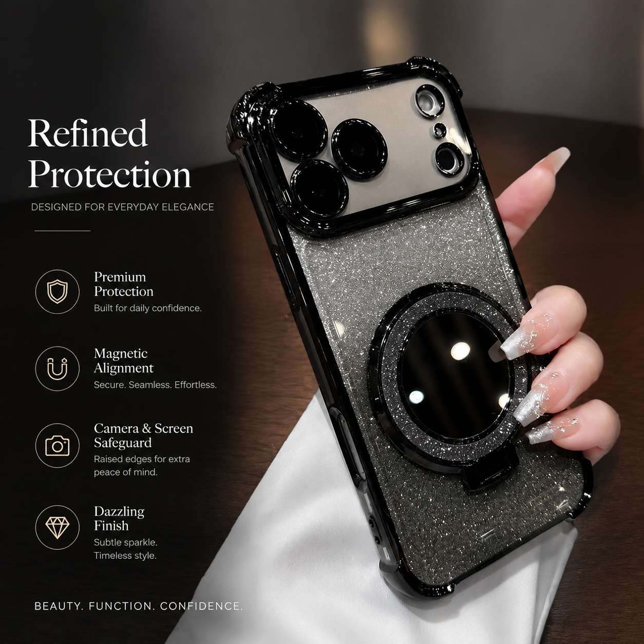 Premium iPhone Case Glitter Mirror Design with Magnetic Bracket, Shockproof Silicone Construction, Anti Scratch Dustproof Surface, Non Slip Grip