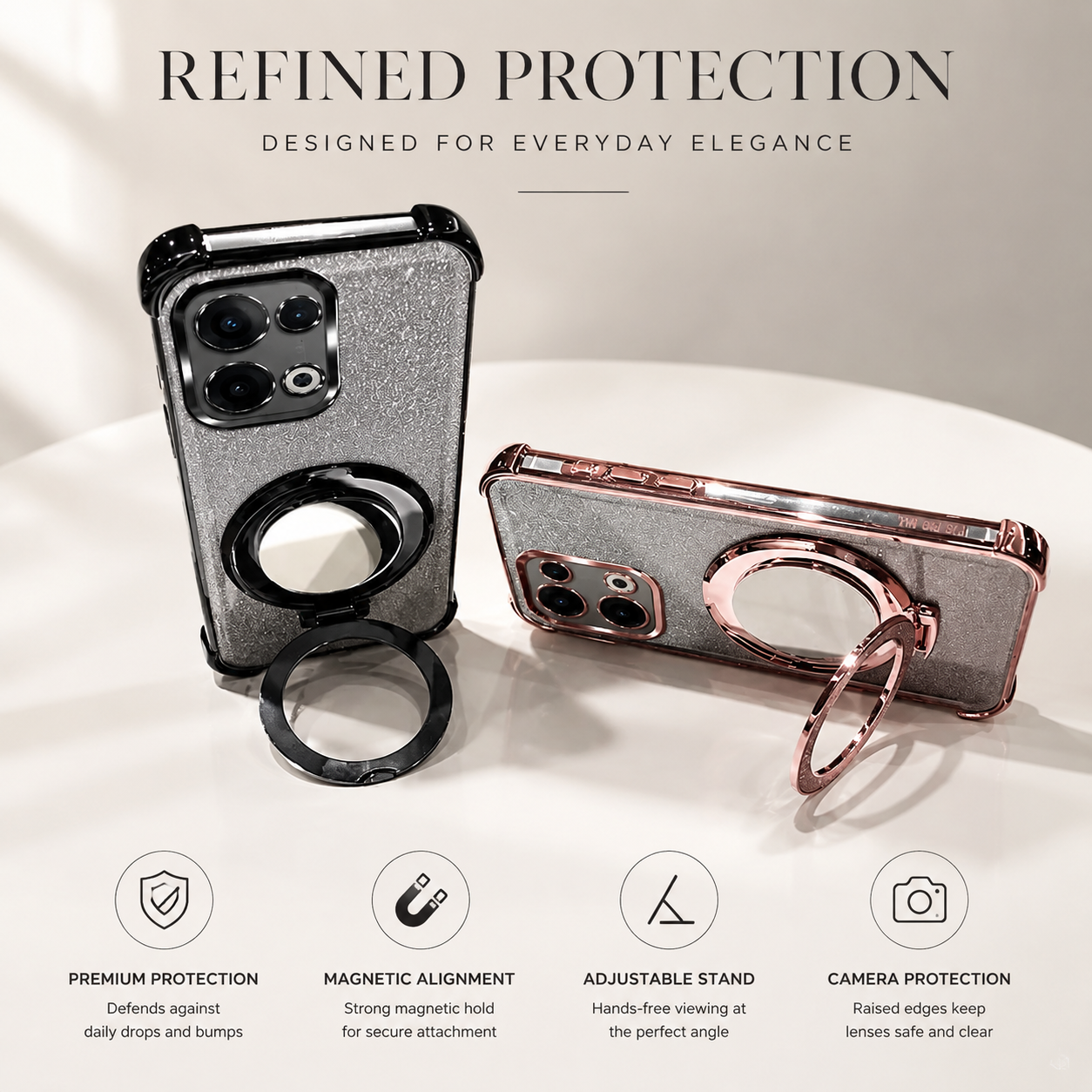 Premium iPhone Case Glitter Mirror Design with Magnetic Bracket, Shockproof Silicone Construction, Anti Scratch Dustproof Surface, Non Slip Grip