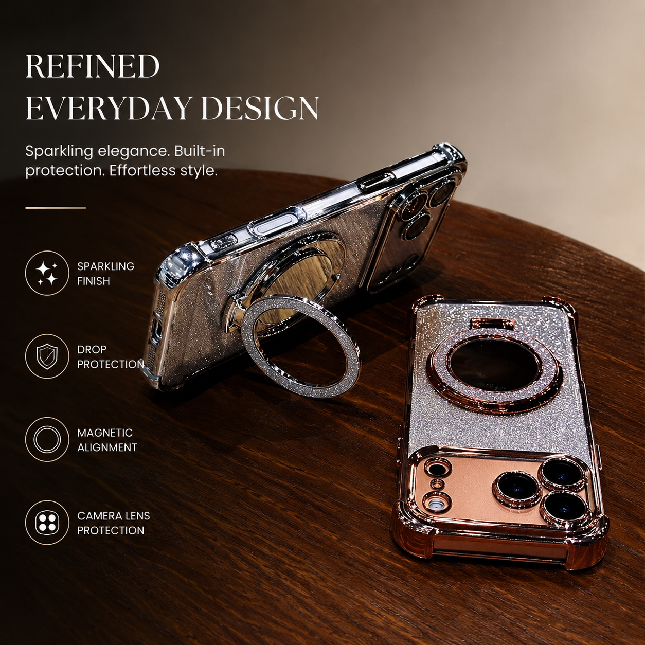 Premium iPhone Case Glitter Mirror Design with Magnetic Bracket, Shockproof Silicone Construction, Anti Scratch Dustproof Surface, Non Slip Grip