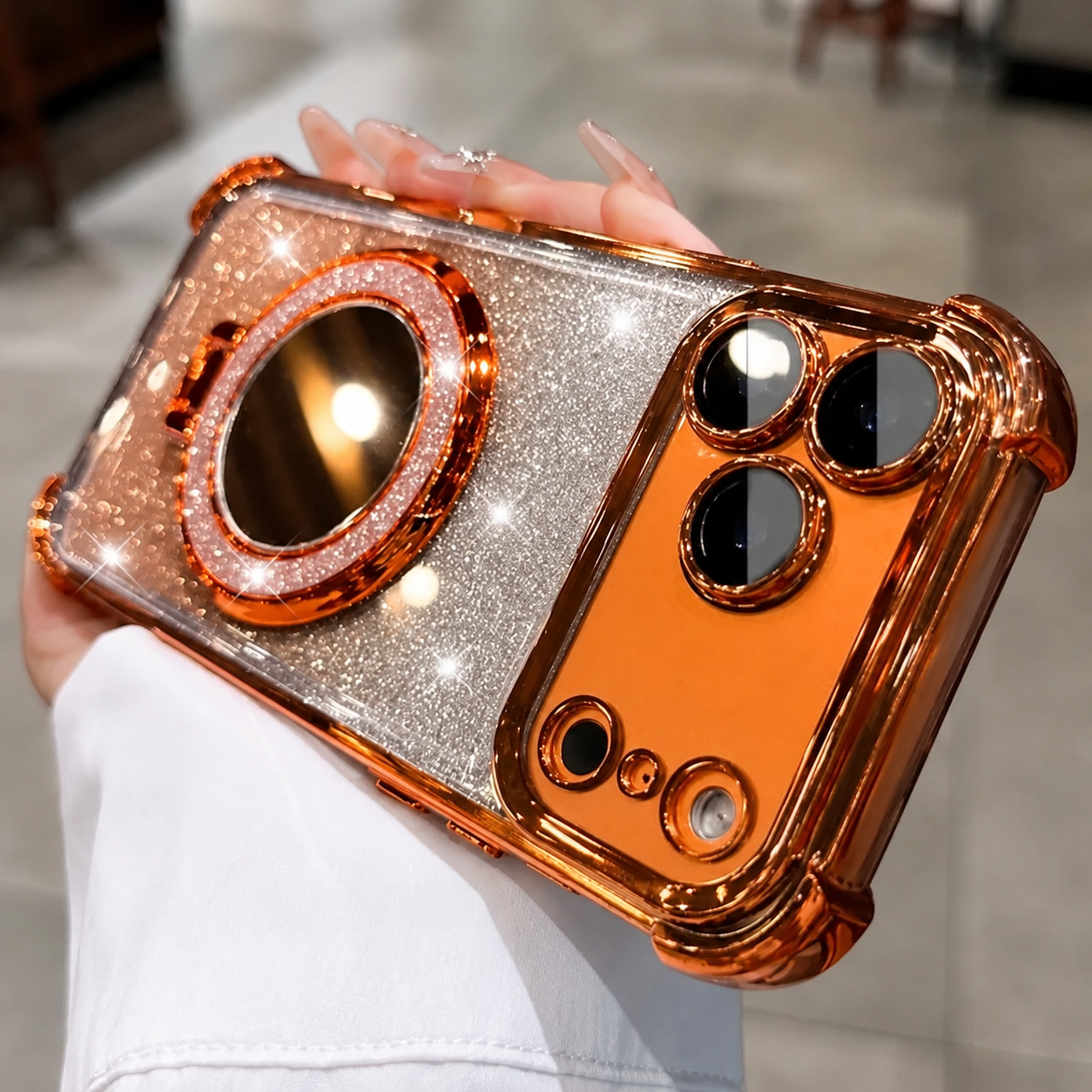 Premium iPhone Case Glitter Mirror Design with Magnetic Bracket, Shockproof Silicone Construction, Anti Scratch Dustproof Surface, Non Slip Grip