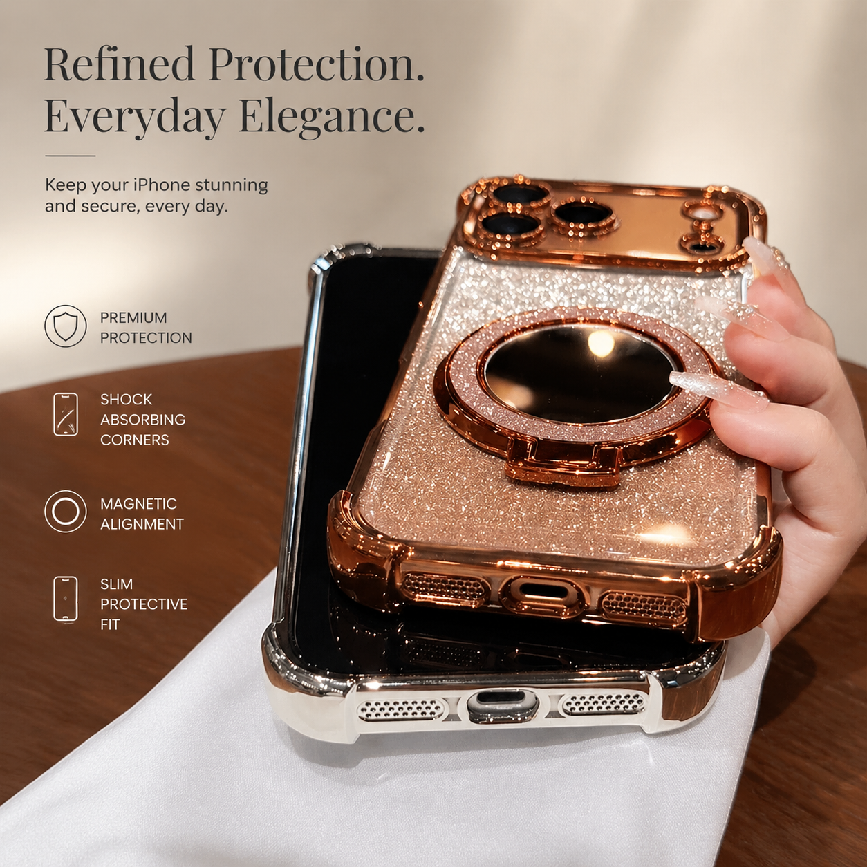 Premium iPhone Case Glitter Mirror Design with Magnetic Bracket, Shockproof Silicone Construction, Anti Scratch Dustproof Surface, Non Slip Grip