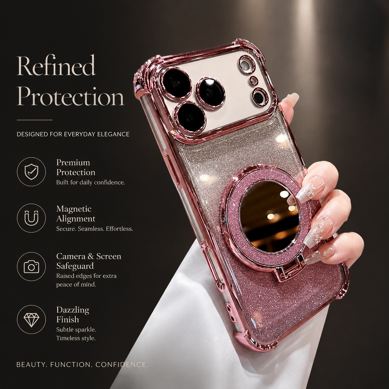 Premium iPhone Case Glitter Mirror Design with Magnetic Bracket, Shockproof Silicone Construction, Anti Scratch Dustproof Surface, Non Slip Grip