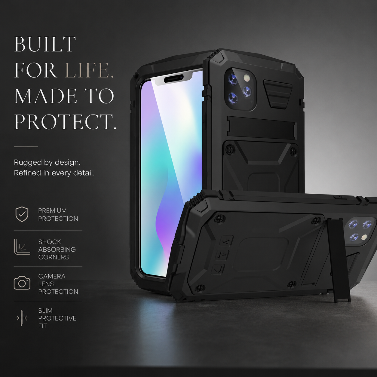 Premium iPhone Case Heavy-Duty Aluminum Armor Cover MagSafe Compatible Shockproof Bumper Screen Guard Dustproof Anti-Fingerprint Secure Grip
