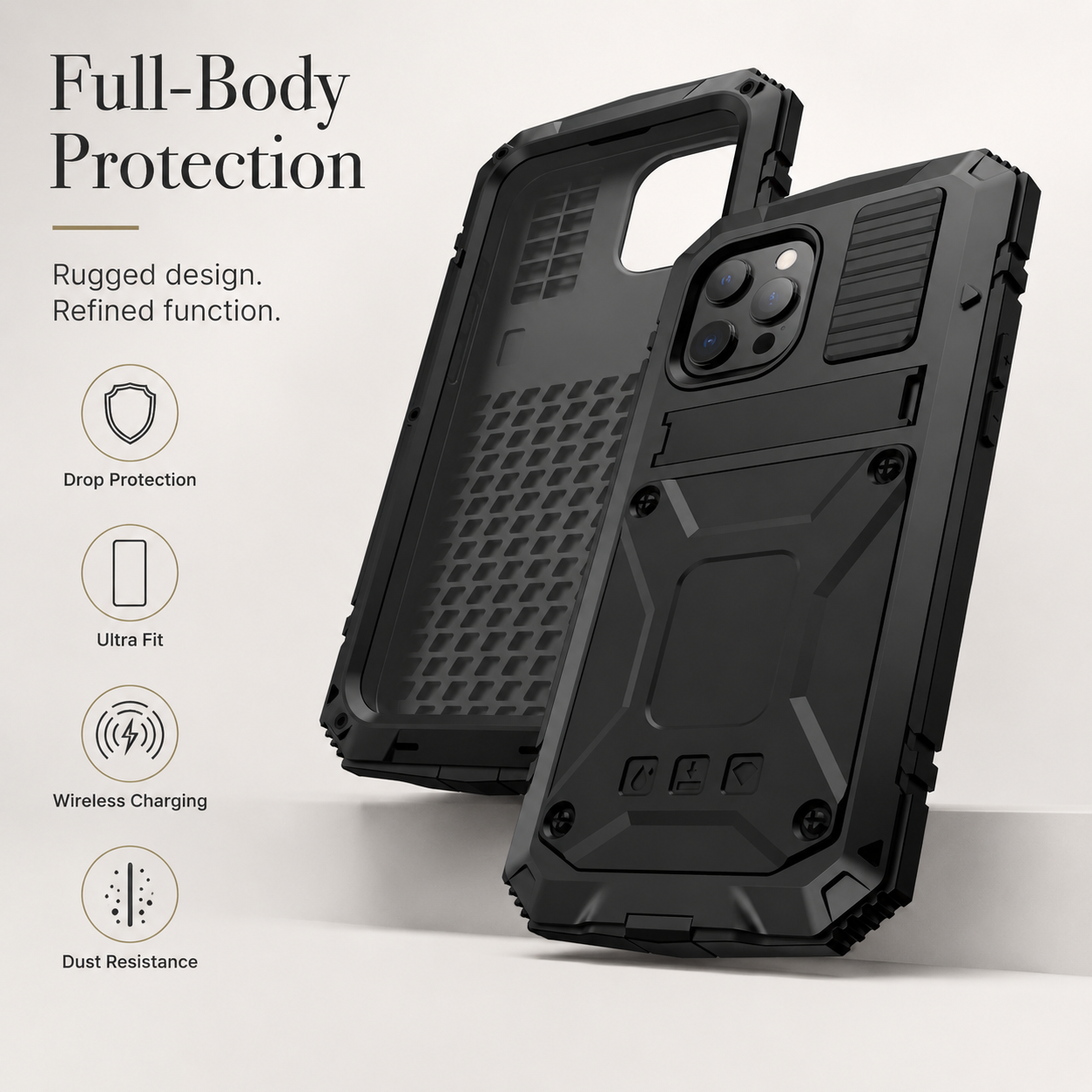 Premium iPhone Case Heavy-Duty Aluminum Armor Cover MagSafe Compatible Shockproof Bumper Screen Guard Dustproof Anti-Fingerprint Secure Grip