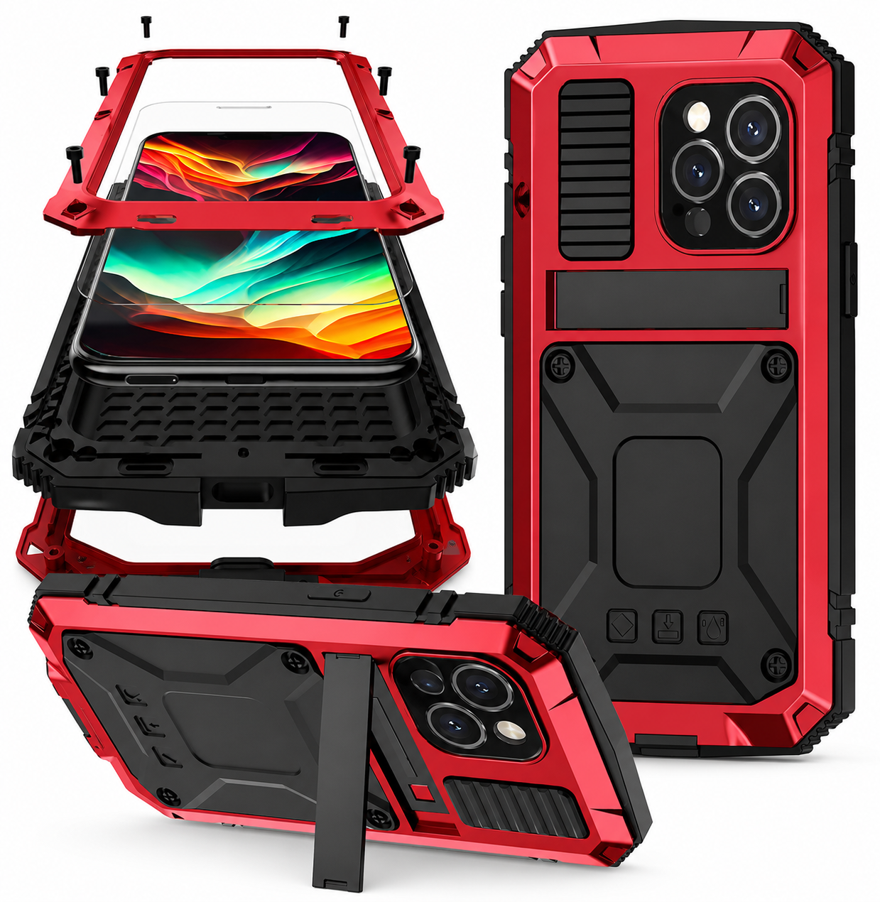 Premium iPhone Case Heavy-Duty Aluminum Metal Full-Body Cover with Tempered Glass Screen, Lens Slider, Shockproof Dual-Layer Protection and Multi-Angle Kickstand