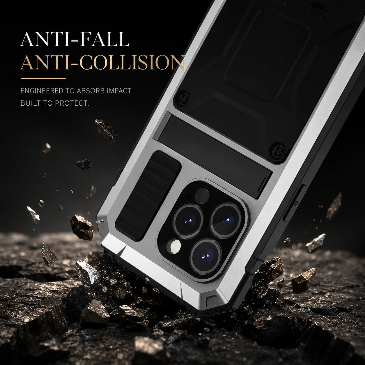 Premium iPhone Case Heavy-Duty Aluminum Metal Full-Body Cover with Tempered Glass Screen, Lens Slider, Shockproof Dual-Layer Protection and Multi-Angle Kickstand