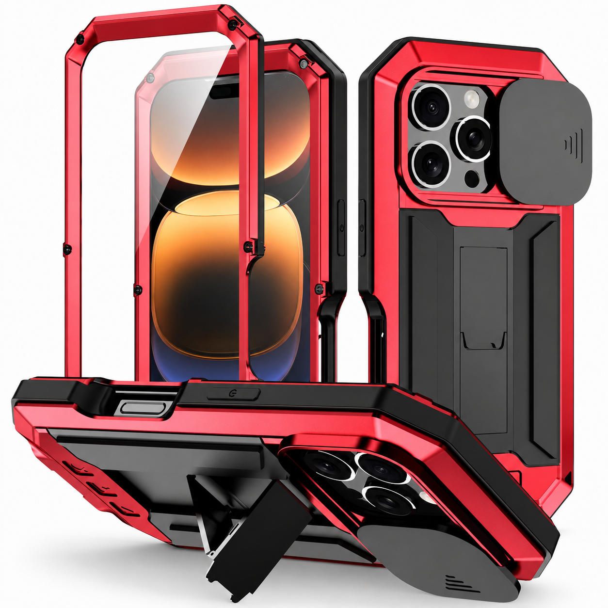 Premium iPhone Case Heavy-Duty Metal Silicone Cover, Full-Body Shockproof Protective Design with Slide Camera Cover, Built-In Kickstand and Screen Protection