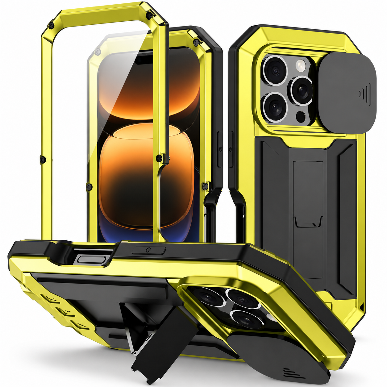 Premium iPhone Case Heavy-Duty Metal Silicone Cover, Full-Body Shockproof Protective Design with Slide Camera Cover, Built-In Kickstand and Screen Protection