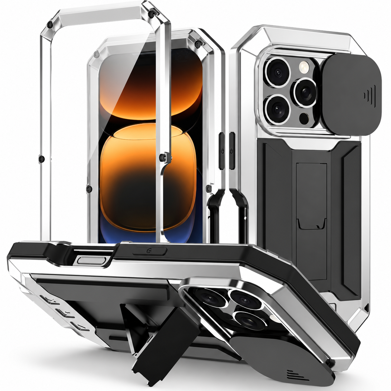 Premium iPhone Case Heavy-Duty Metal Silicone Cover, Full-Body Shockproof Protective Design with Slide Camera Cover, Built-In Kickstand and Screen Protection