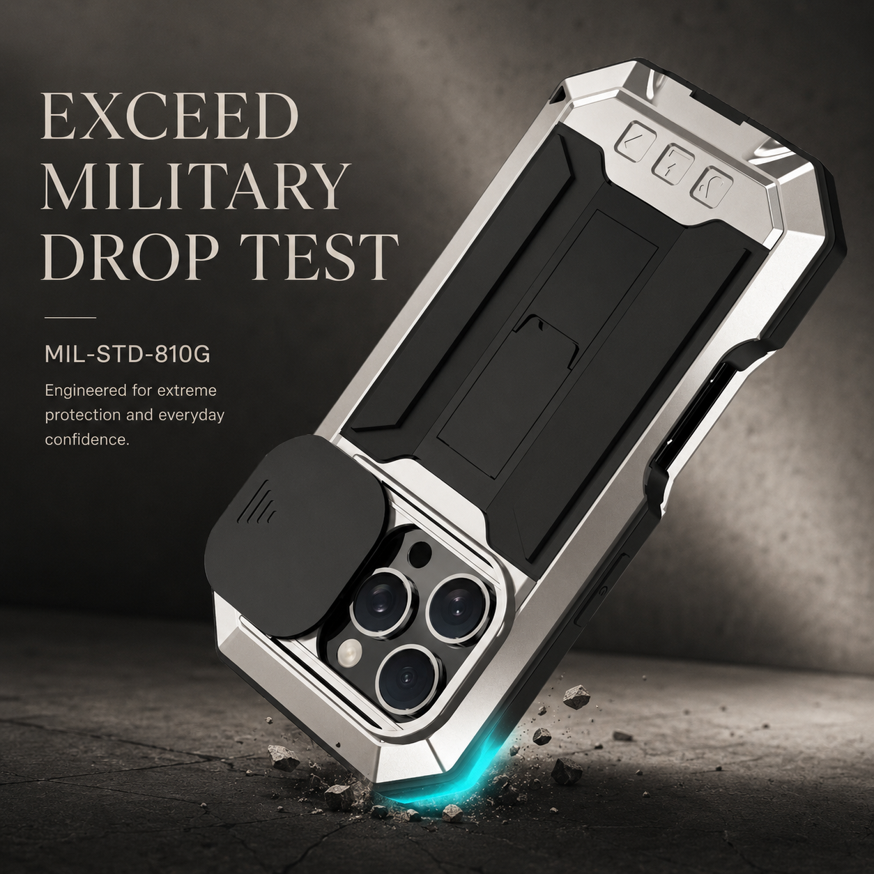 Premium iPhone Case Heavy-Duty Metal Silicone Cover, Full-Body Shockproof Protective Design with Slide Camera Cover, Built-In Kickstand and Screen Protection