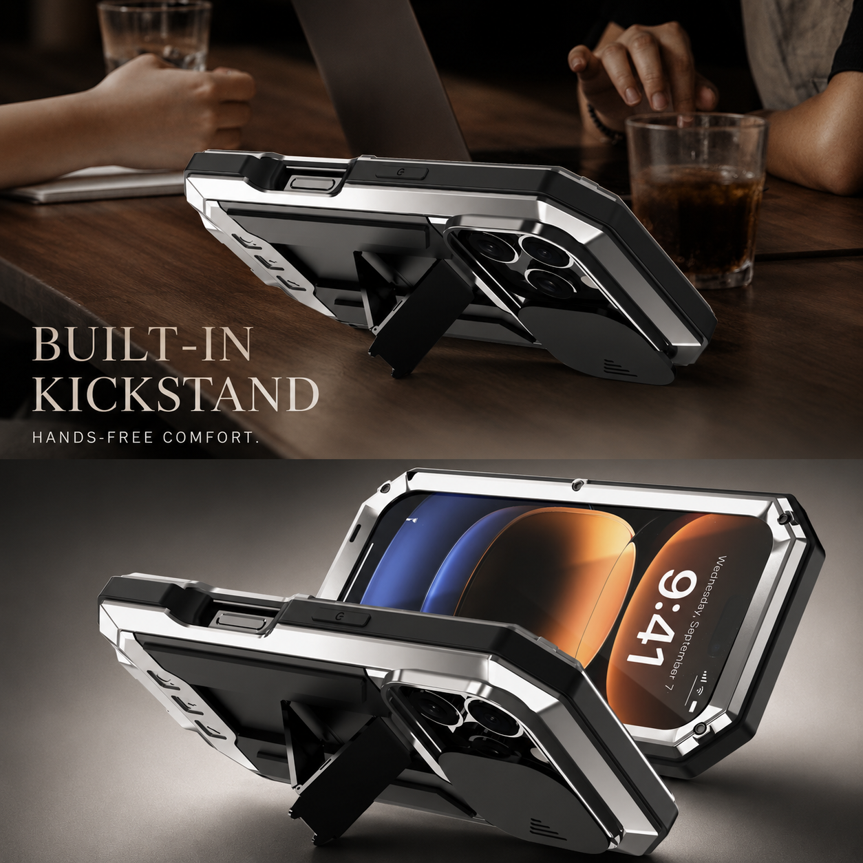 Premium iPhone Case Heavy-Duty Metal Silicone Cover, Full-Body Shockproof Protective Design with Slide Camera Cover, Built-In Kickstand and Screen Protection