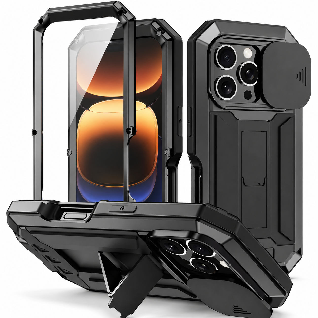 Premium iPhone Case Heavy-Duty Metal Silicone Cover, Full-Body Shockproof Protective Design with Slide Camera Cover, Built-In Kickstand and Screen Protection