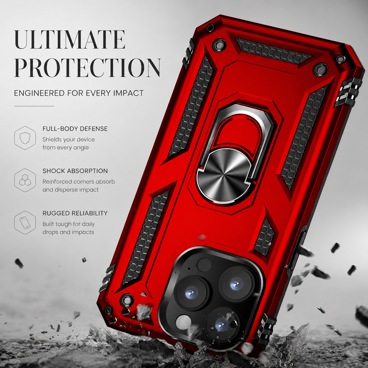 Premium iPhone Case Heavy Duty PC TPU Build with Camera Lens Protection, Metal Bracket Holder, Shock Resistant Anti Drop Structure, Non Slip Grip
