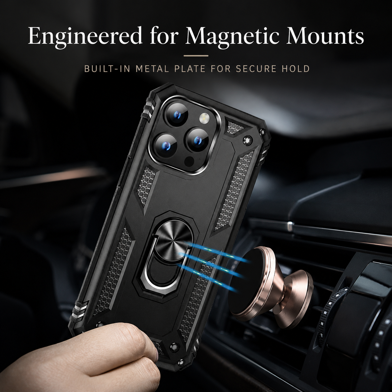 Premium iPhone Case Heavy Duty PC TPU Build with Camera Lens Protection, Metal Bracket Holder, Shock Resistant Anti Drop Structure, Non Slip Grip