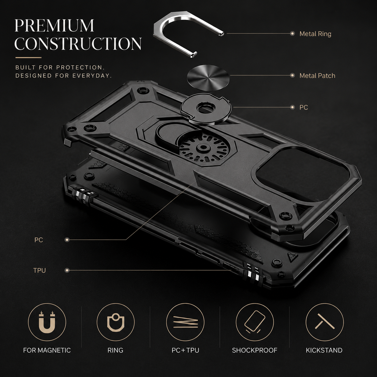 Premium iPhone Case Heavy Duty PC TPU Build with Camera Lens Protection, Metal Bracket Holder, Shock Resistant Anti Drop Structure, Non Slip Grip