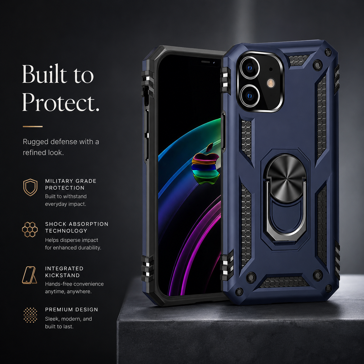 Premium iPhone Case Heavy Duty PC TPU Build with Camera Lens Protection, Metal Bracket Holder, Shock Resistant Anti Drop Structure, Non Slip Grip