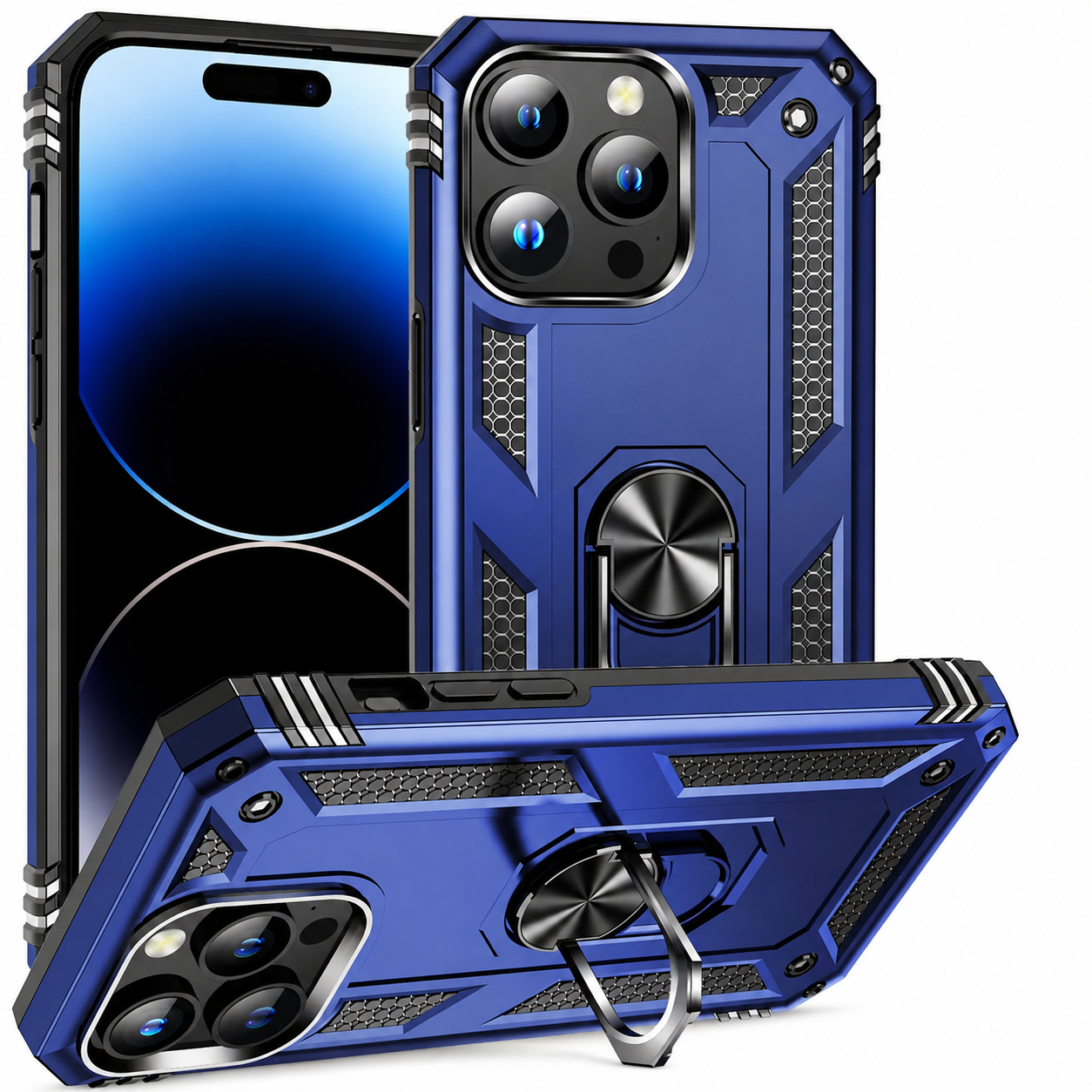 Premium iPhone Case Heavy Duty PC TPU Build with Camera Lens Protection, Metal Bracket Holder, Shock Resistant Anti Drop Structure, Non Slip Grip