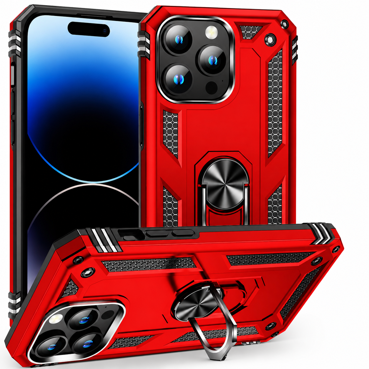 Premium iPhone Case Heavy Duty PC TPU Build with Camera Lens Protection, Metal Bracket Holder, Shock Resistant Anti Drop Structure, Non Slip Grip