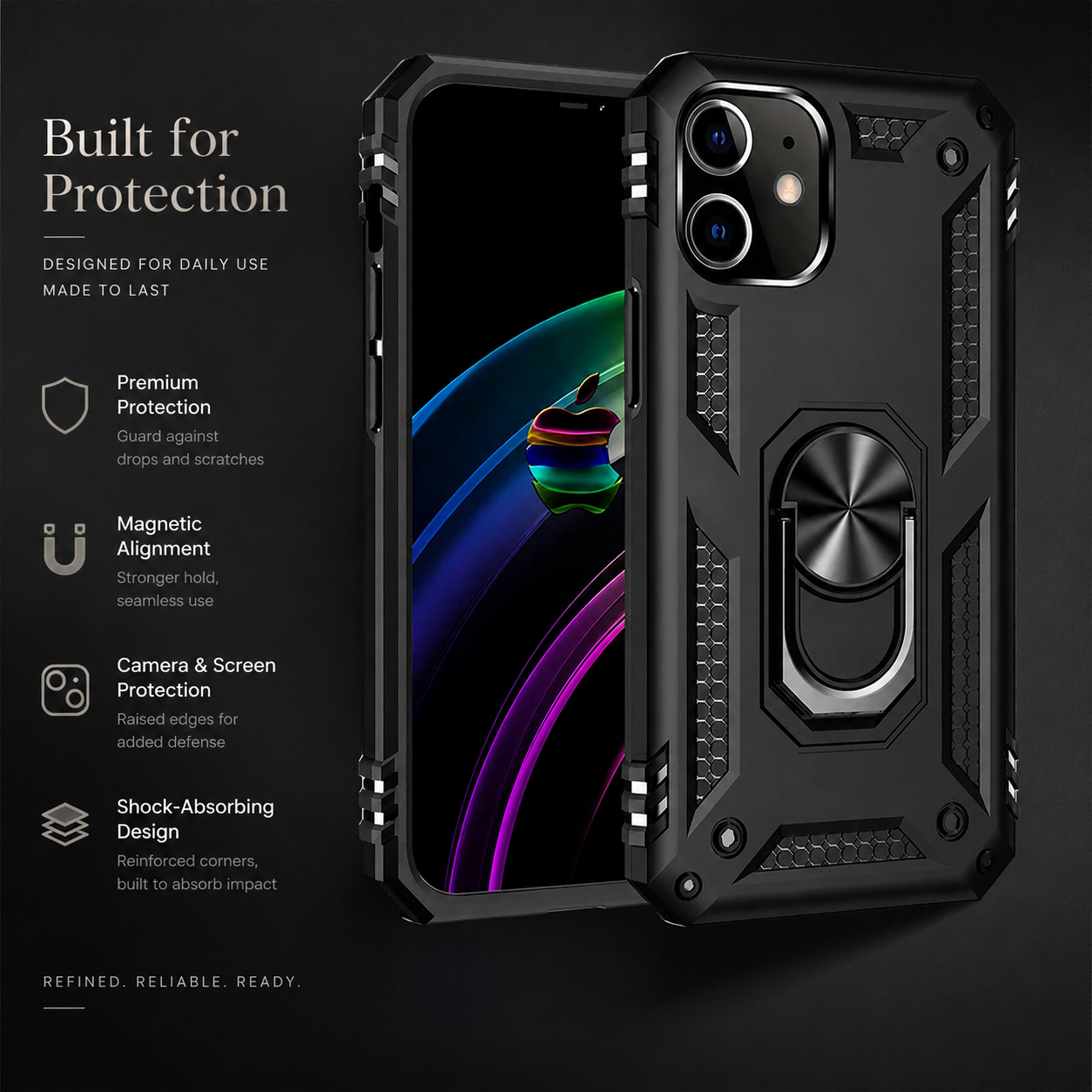 Premium iPhone Case Heavy Duty PC TPU Build with Camera Lens Protection, Metal Bracket Holder, Shock Resistant Anti Drop Structure, Non Slip Grip