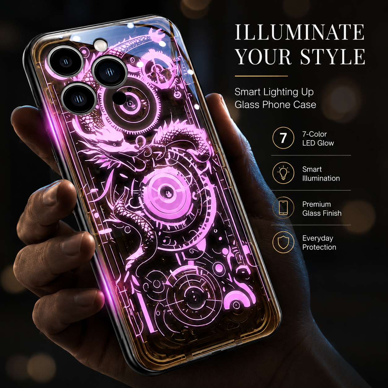 Premium iPhone Case LED Luminous Protective Cover Golden Dragon Design Camera Lens Protection Shockproof Tempered Glass Back Ultra Thin