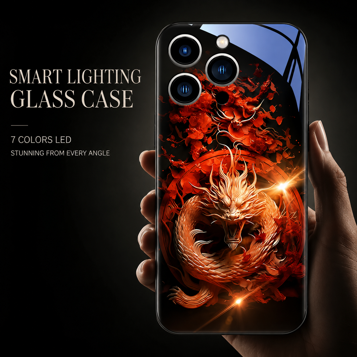 Premium iPhone Case LED Luminous Protective Cover Golden Dragon Design Camera Lens Protection Shockproof Tempered Glass Back Ultra Thin