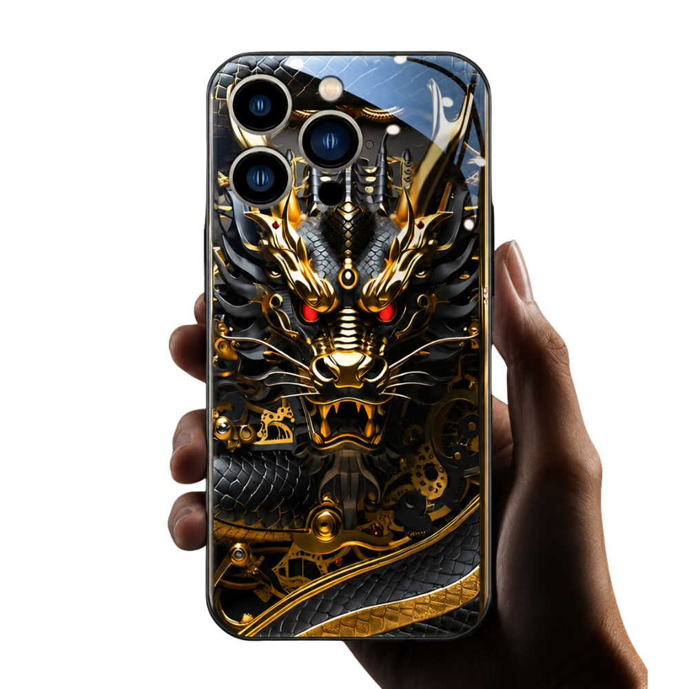 Premium iPhone Case LED Luminous Protective Cover Golden Dragon Design Camera Lens Protection Shockproof Tempered Glass Back Ultra Thin