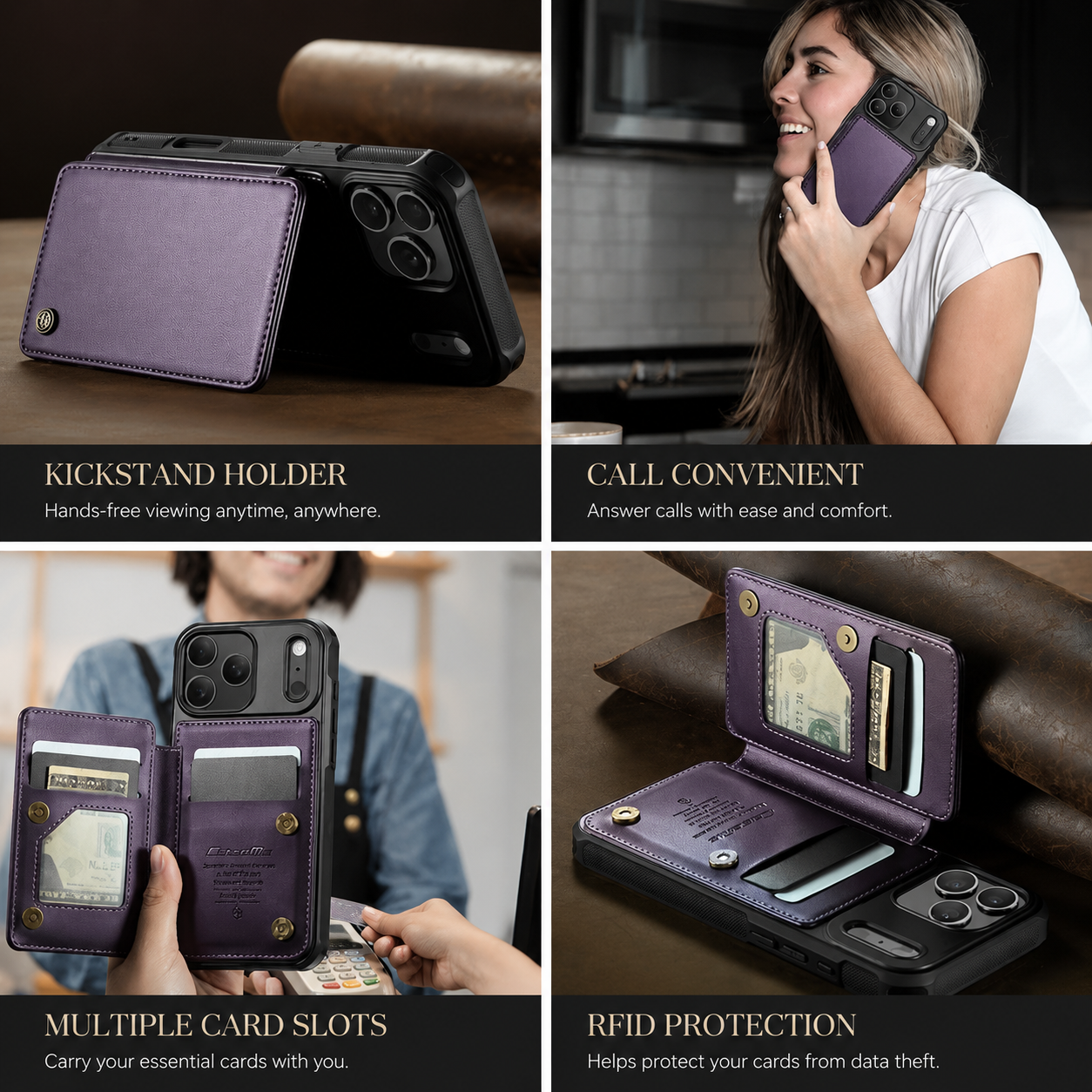 Premium iPhone Case Leather RFID Card Wallet Cover, Shockproof Protective Design with Magnetic Closure, Anti-Fingerprint Finish and Non-Slip Grip