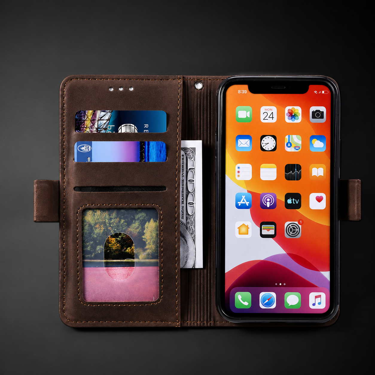 Premium iPhone Case Leather Wallet Flip Cover Card Slots Magnetic Closure Shockproof Stand Function Full Body Protection Slim Elegant Business Style