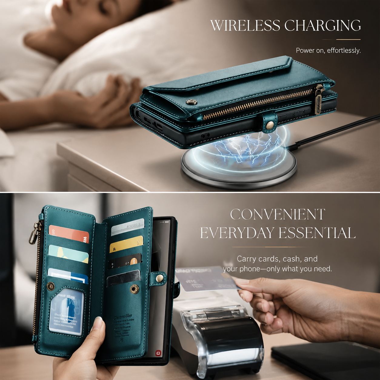 Premium iPhone Case Leather Zip Wallet Crossbody RFID Protection Card Holder Zipper Pocket Wristband Shockproof TPU Anti Scratch Full Coverage Design