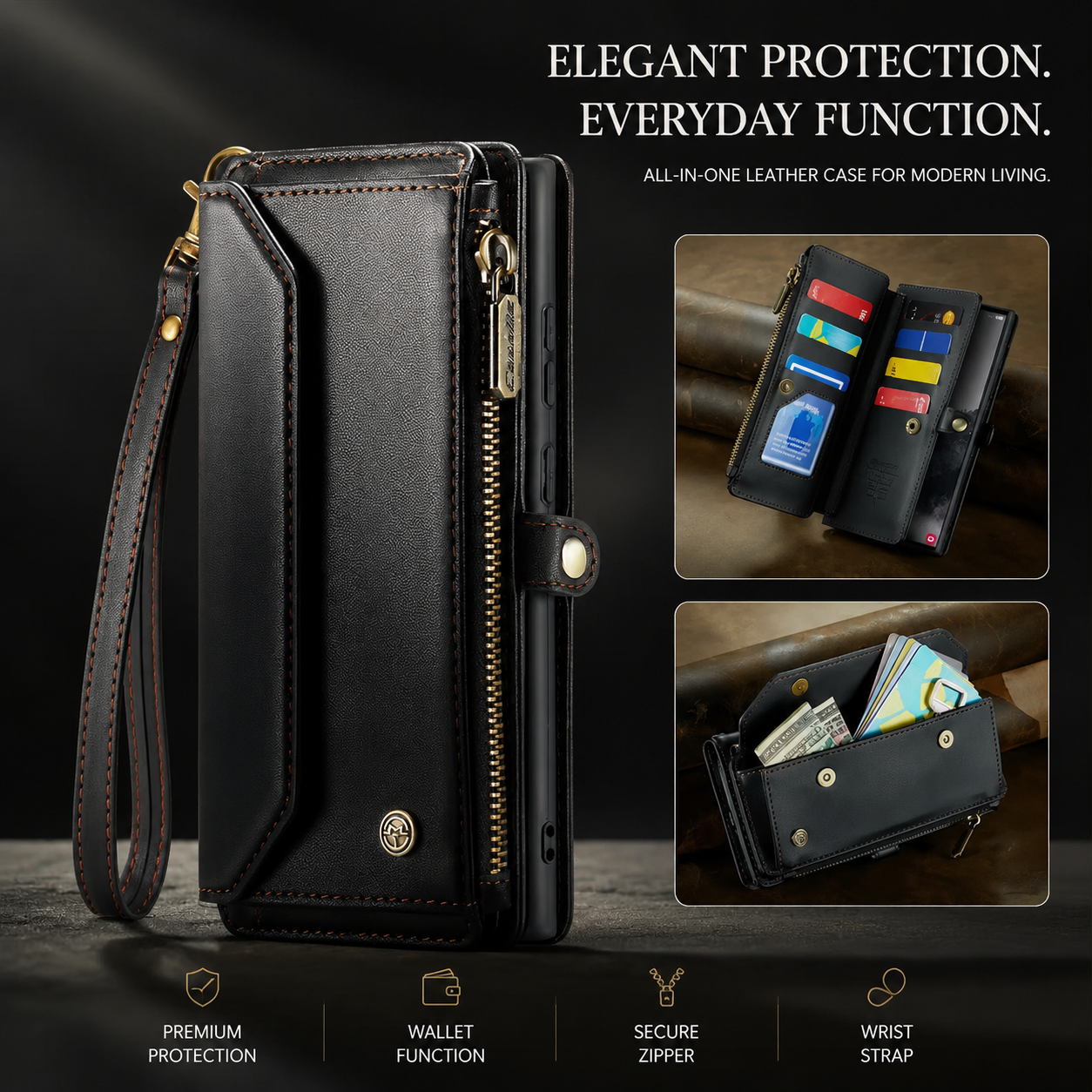 Premium iPhone Case Leather Zip Wallet Crossbody RFID Protection Card Holder Zipper Pocket Wristband Shockproof TPU Anti Scratch Full Coverage Design