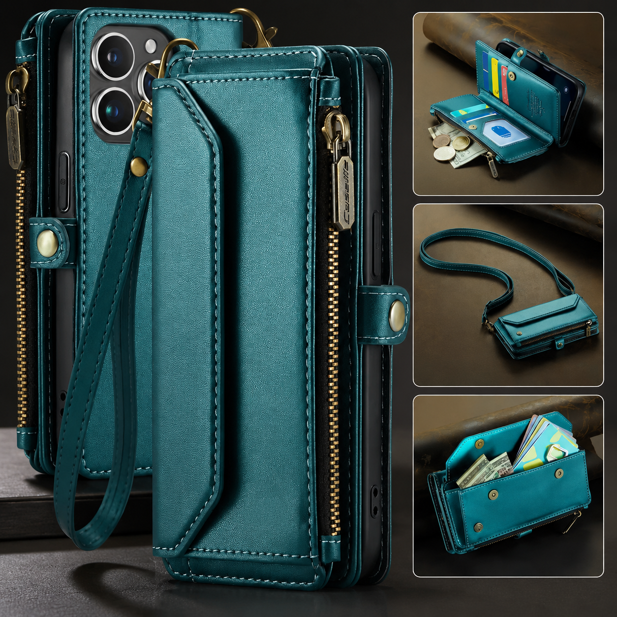 Premium iPhone Case Leather Zip Wallet Crossbody RFID Protection Card Holder Zipper Pocket Wristband Shockproof TPU Anti Scratch Full Coverage Design