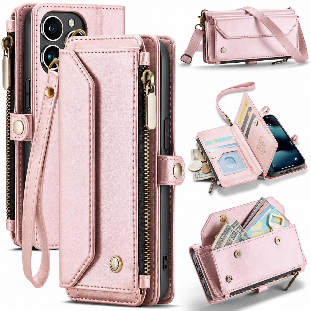 Premium iPhone Case Leather Zip Wallet Crossbody RFID Protection Card Holder Zipper Pocket Wristband Shockproof TPU Anti Scratch Full Coverage Design